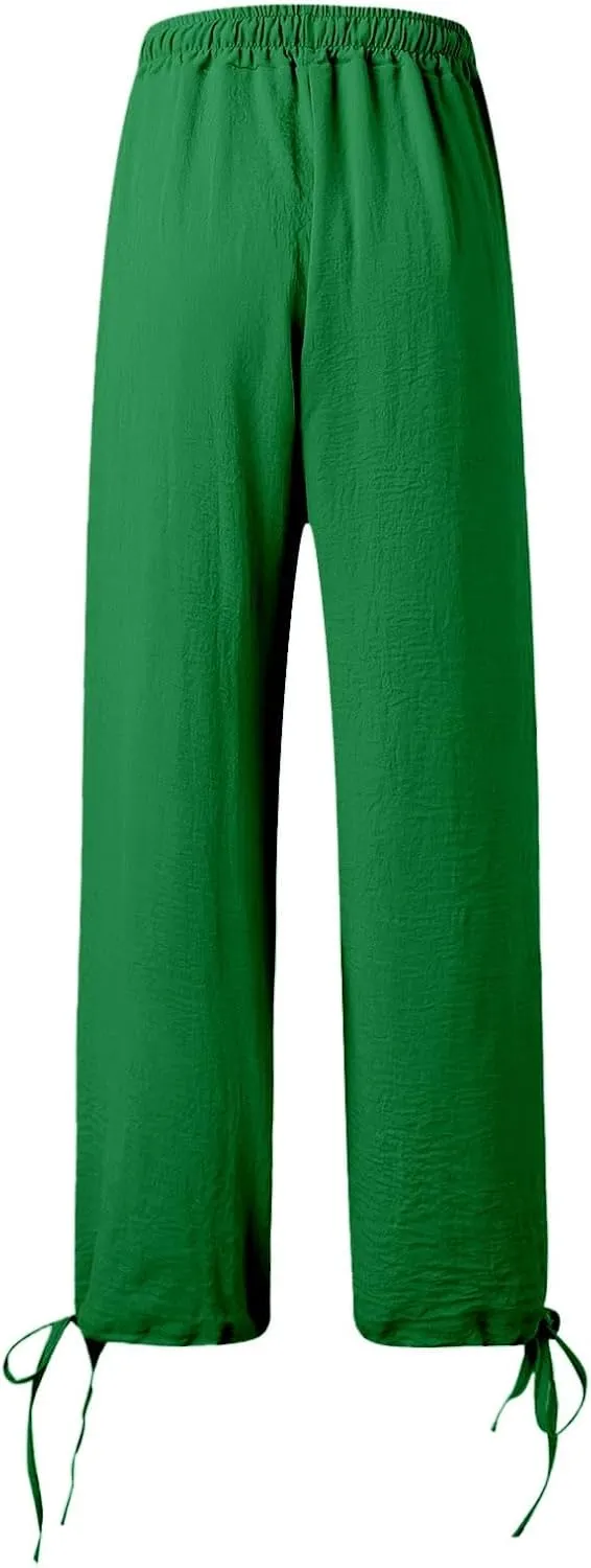 Womens Drawstring Elastic Waist Pants Casual Wide Leg Trousers with Pockets Comfy Straight Leg Pants Bottom Bow Tie