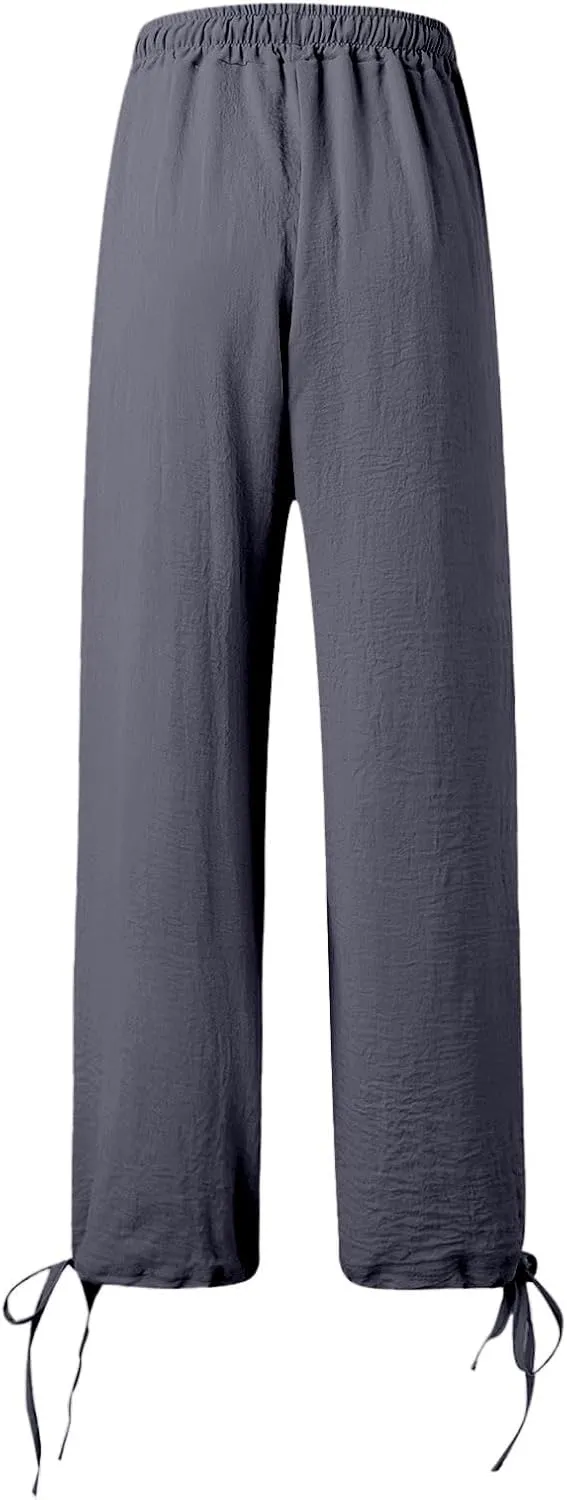 Womens Drawstring Elastic Waist Pants Casual Wide Leg Trousers with Pockets Comfy Straight Leg Pants Bottom Bow Tie