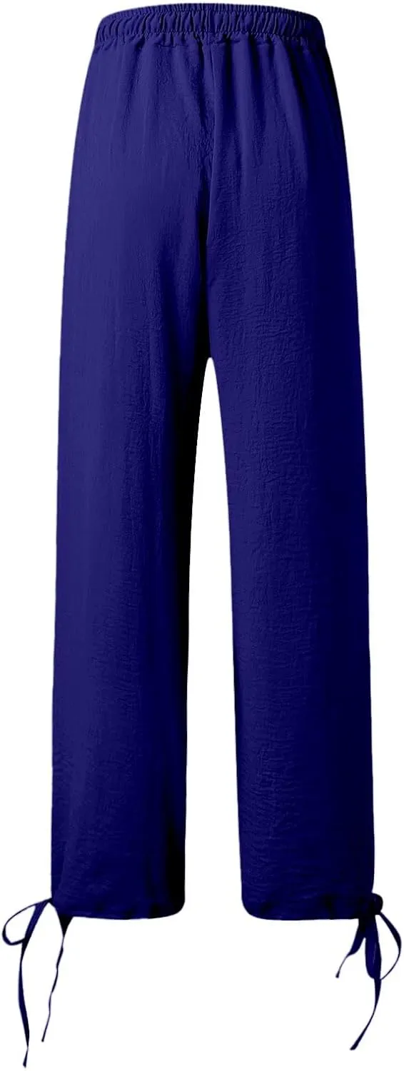 Womens Drawstring Elastic Waist Pants Casual Wide Leg Trousers with Pockets Comfy Straight Leg Pants Bottom Bow Tie
