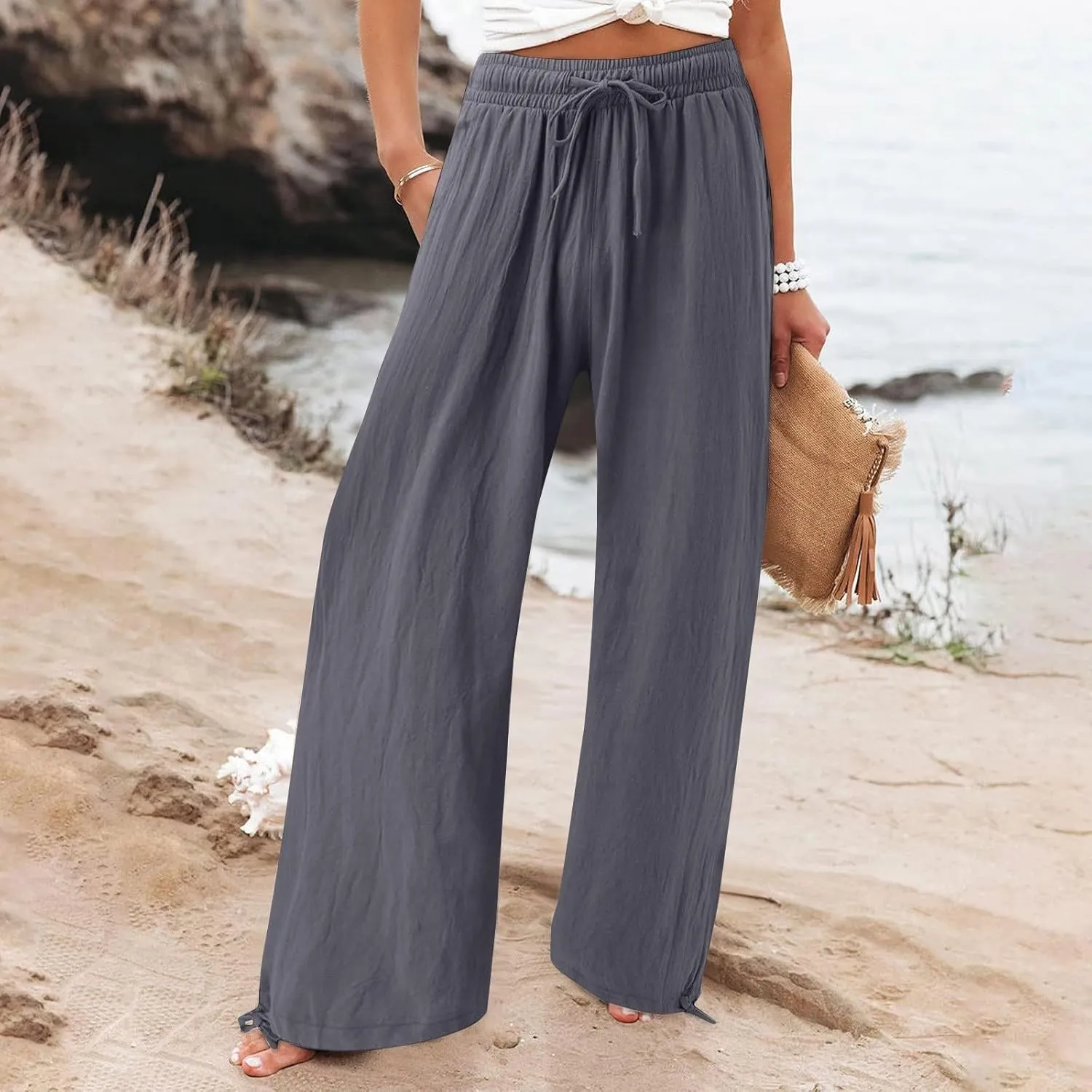 Womens Drawstring Elastic Waist Pants Casual Wide Leg Trousers with Pockets Comfy Straight Leg Pants Bottom Bow Tie