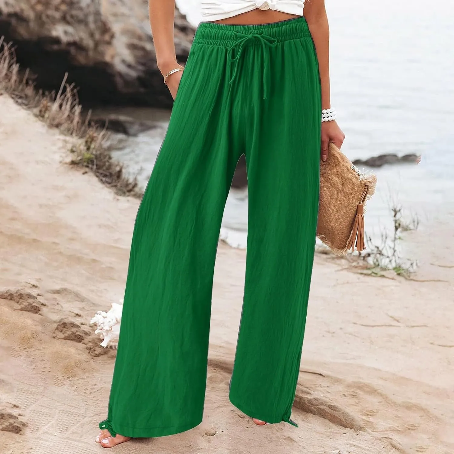 Womens Drawstring Elastic Waist Pants Casual Wide Leg Trousers with Pockets Comfy Straight Leg Pants Bottom Bow Tie