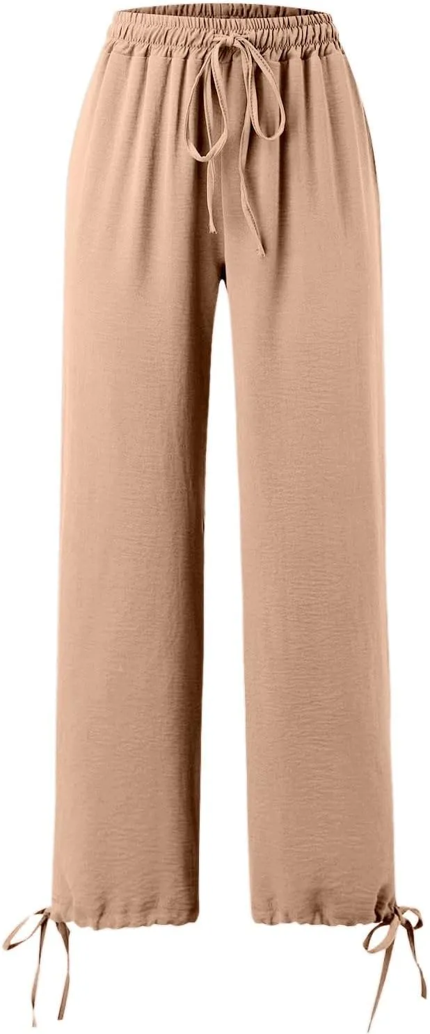 Womens Drawstring Elastic Waist Pants Casual Wide Leg Trousers with Pockets Comfy Straight Leg Pants Bottom Bow Tie