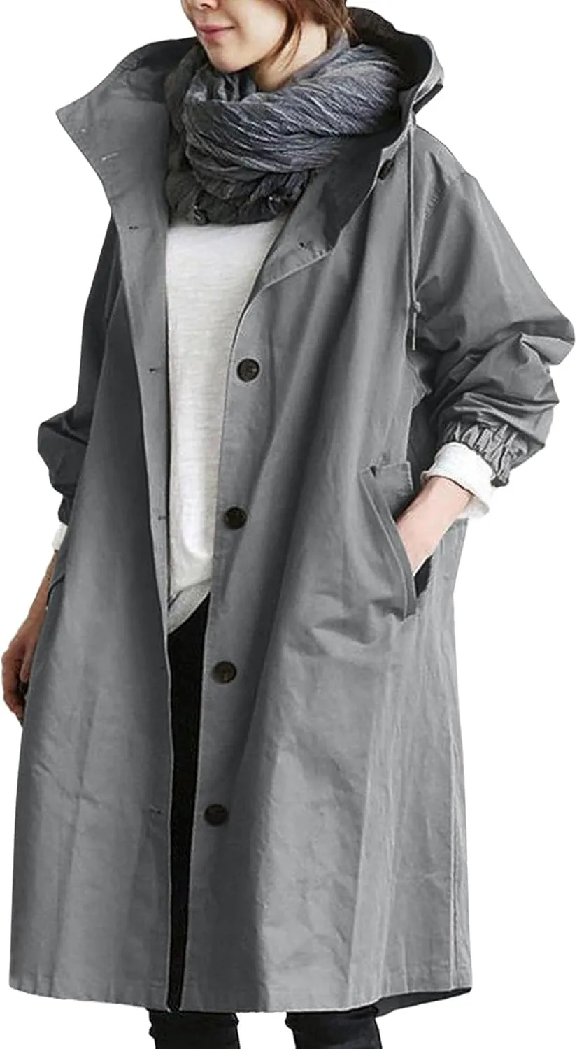 Women's Elegant Notched Collar Double Button Slim Long Wool Blend Pea Coat Jacket