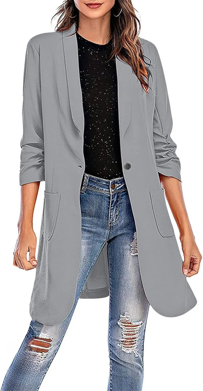 Womens Extra Long Blazer Jackets 3/4 Ruched Sleeve Casual Dressy Blazers Business Work Cardigan Trench Coats