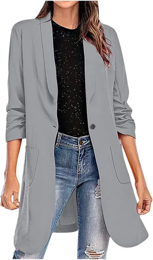 Womens Extra Long Blazer Jackets 3/4 Ruched Sleeve Casual Dressy Blazers Business Work Cardigan Trench Coats