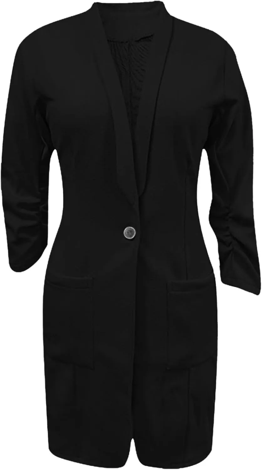 Womens Extra Long Blazer Jackets 3/4 Ruched Sleeve Casual Dressy Blazers Business Work Cardigan Trench Coats