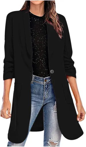 Womens Extra Long Blazer Jackets 3/4 Ruched Sleeve Casual Dressy Blazers Business Work Cardigan Trench Coats