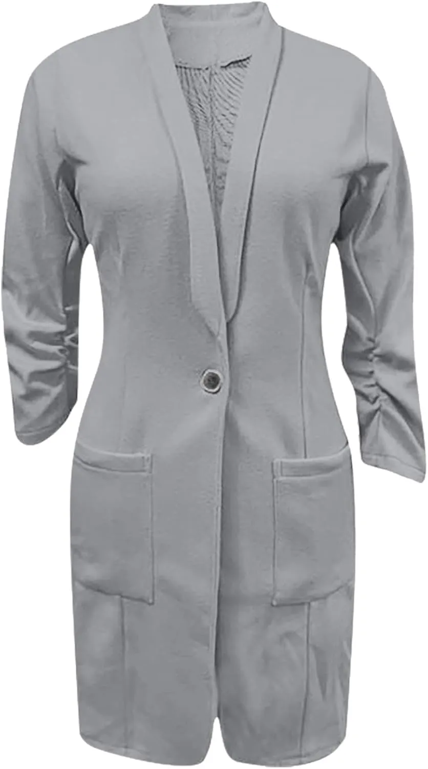 Womens Extra Long Blazer Jackets 3/4 Ruched Sleeve Casual Dressy Blazers Business Work Cardigan Trench Coats