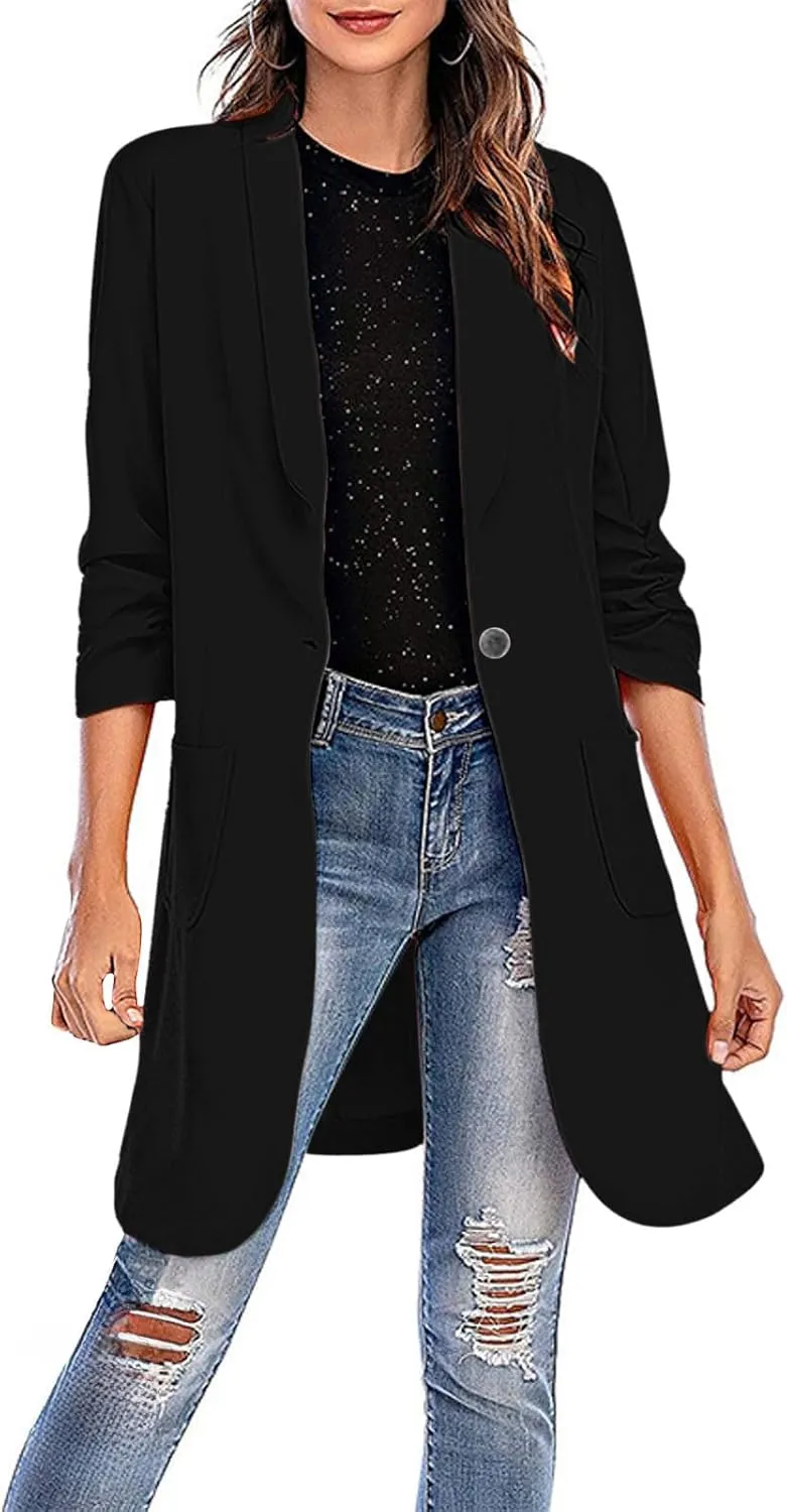 Womens Extra Long Blazer Jackets 3/4 Ruched Sleeve Casual Dressy Blazers Business Work Cardigan Trench Coats