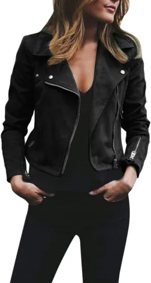 Women's Fashion Fall Leather Jacket Long Sleeve Zip Up Lapel Belted Motorcycle Jacket Vintage Solid Fitted Coat Outwear