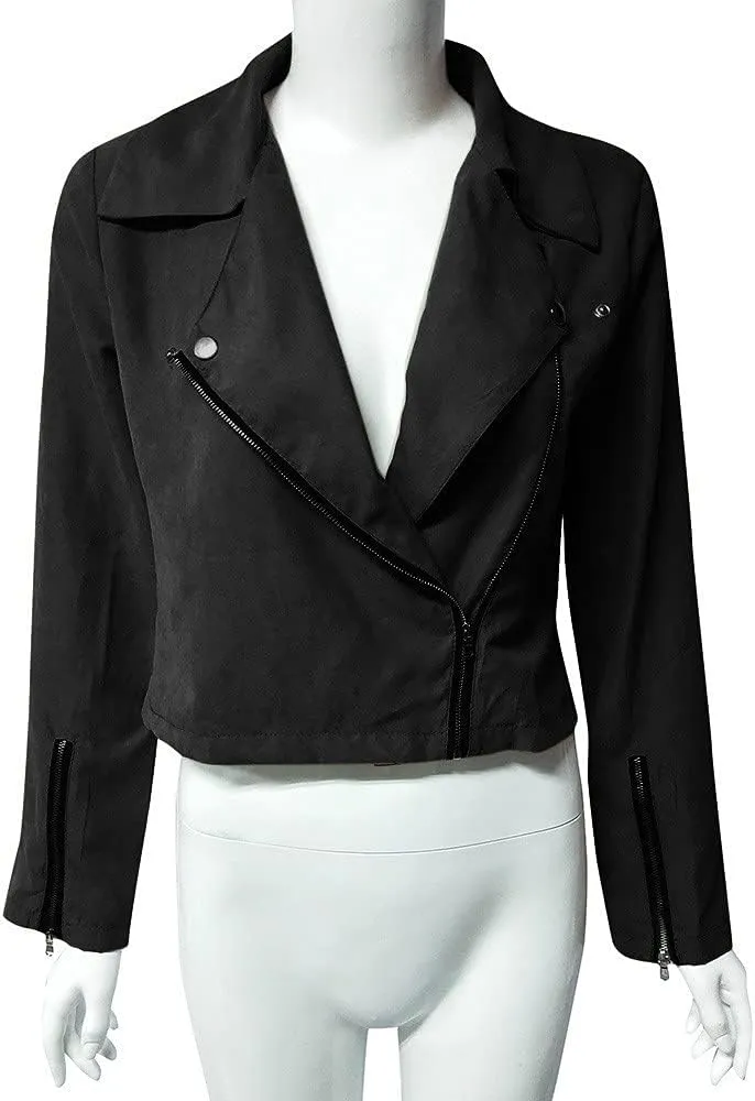 Women's Fashion Fall Leather Jacket Long Sleeve Zip Up Lapel Belted Motorcycle Jacket Vintage Solid Fitted Coat Outwear