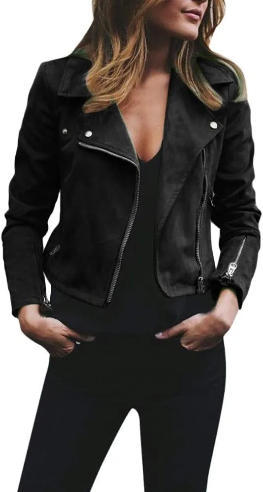 Women's Fashion Fall Leather Jacket Long Sleeve Zip Up Lapel Belted Motorcycle Jacket Vintage Solid Fitted Coat Outwear