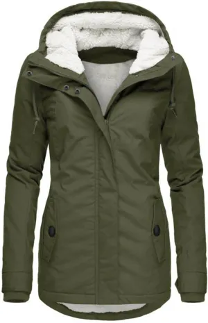 Women's Fleece Jackets Thickened Sherpa Lined Warm Winter Jacket Full Zip Up Slim Fit Solid Color Hooded Tops Outwear