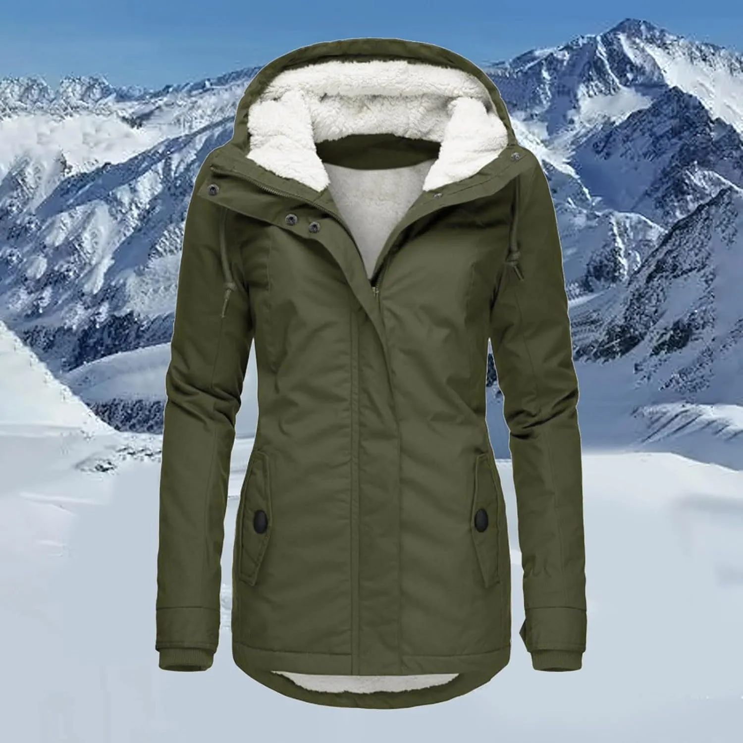 Women's Fleece Jackets Thickened Sherpa Lined Warm Winter Jacket Full Zip Up Slim Fit Solid Color Hooded Tops Outwear