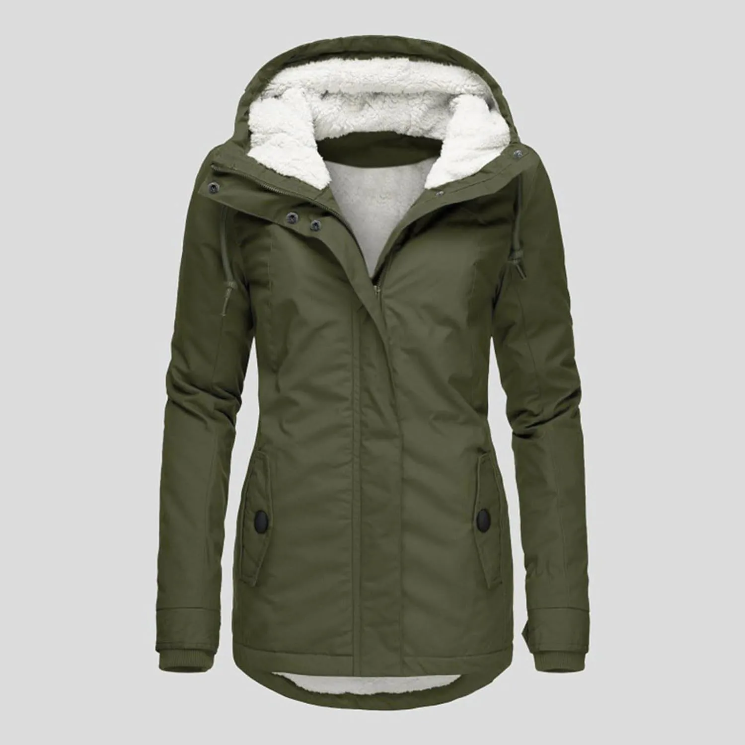 Women's Fleece Jackets Thickened Sherpa Lined Warm Winter Jacket Full Zip Up Slim Fit Solid Color Hooded Tops Outwear