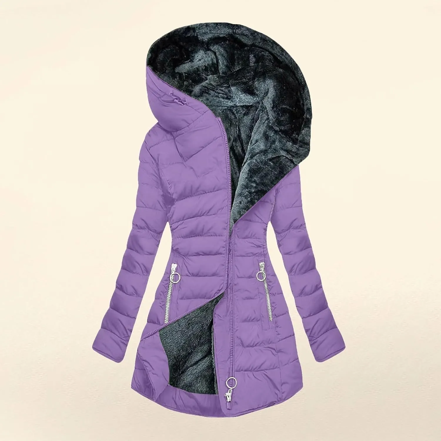 Women's Full Zip Fleece Quilted Jackets Solid Color Fuzzy Sherpa Lined Hooded Cardigans Jacket with Zipper Pockets