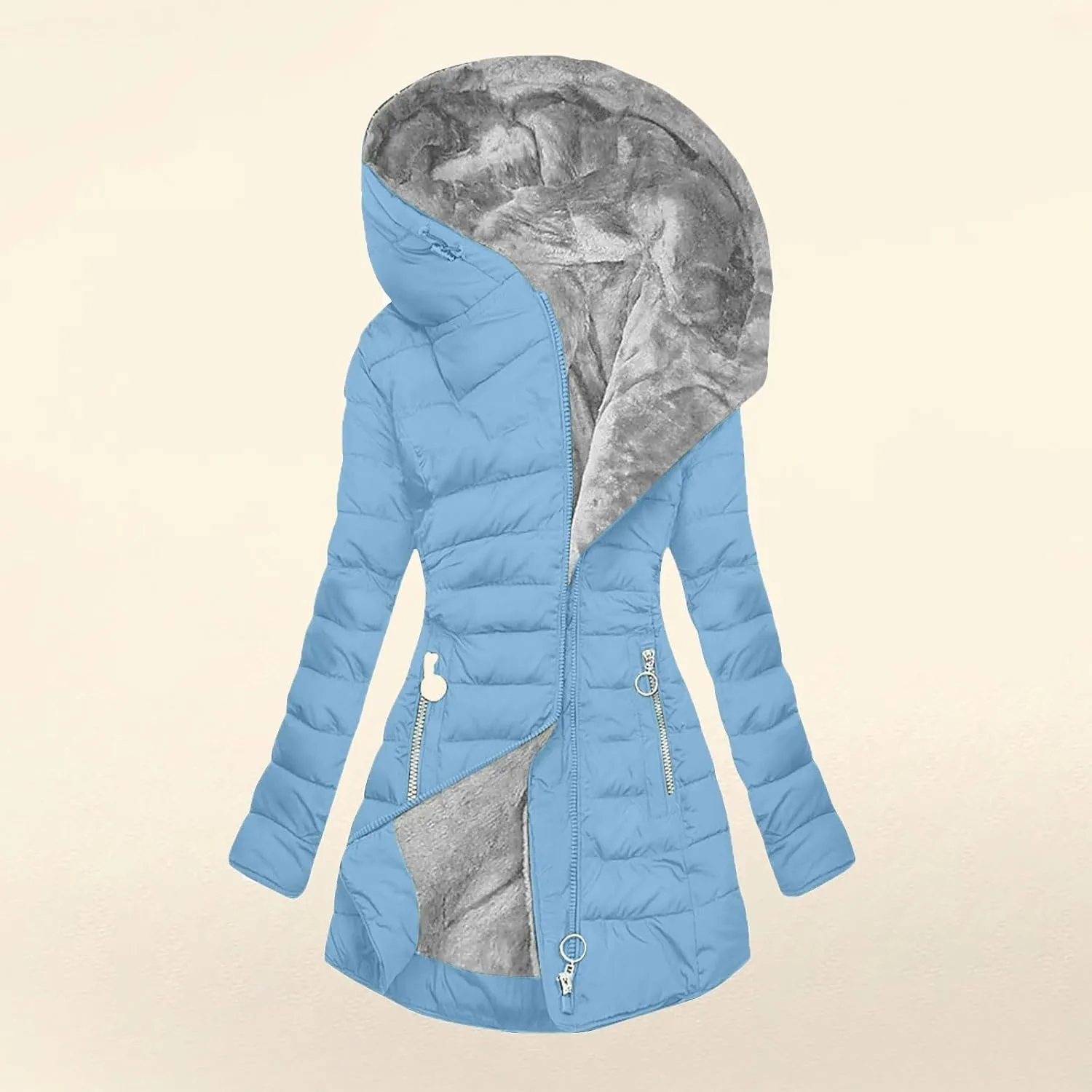 Women's Full Zip Fleece Quilted Jackets Solid Color Fuzzy Sherpa Lined Hooded Cardigans Jacket with Zipper Pockets