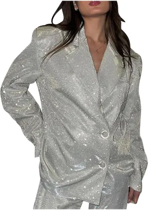 Womens Glitter Shiny Blazers Fashion Dressy Cocktail Party Suit Jackets Long Sleeve Button Down Lapel Outerwear