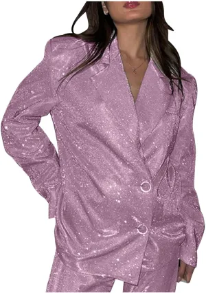 Womens Glitter Shiny Blazers Fashion Dressy Cocktail Party Suit Jackets Long Sleeve Button Down Lapel Outerwear