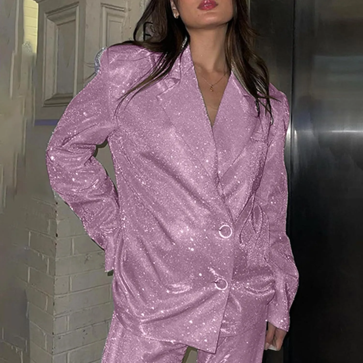 Womens Glitter Shiny Blazers Fashion Dressy Cocktail Party Suit Jackets Long Sleeve Button Down Lapel Outerwear
