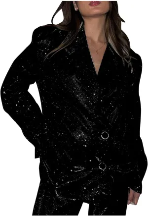 Womens Glitter Shiny Blazers Fashion Dressy Cocktail Party Suit Jackets Long Sleeve Button Down Lapel Outerwear