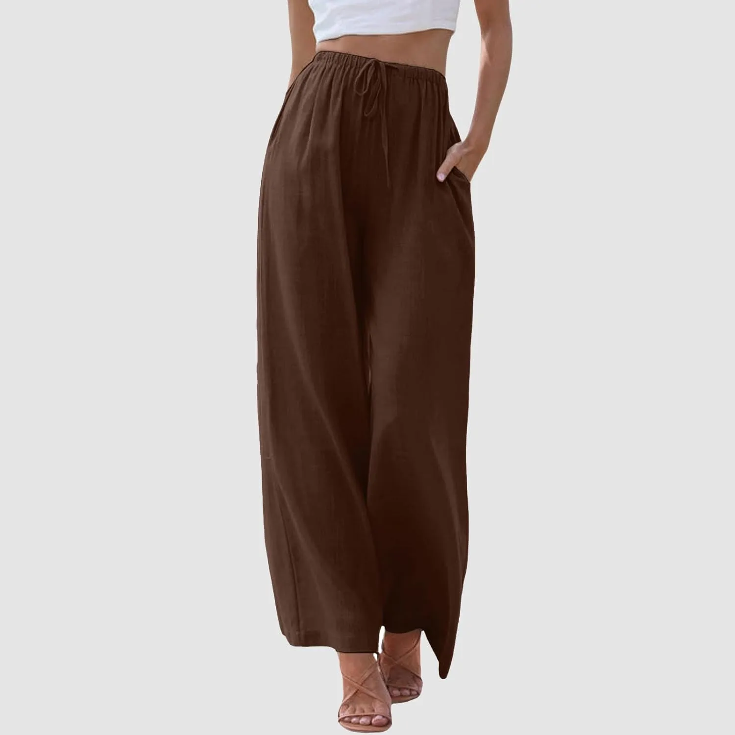 Women's High Waisted Wide Leg Pants Drawstring Elastic Trousers Summer Comfy Straight Leg Long Pants with Pockets