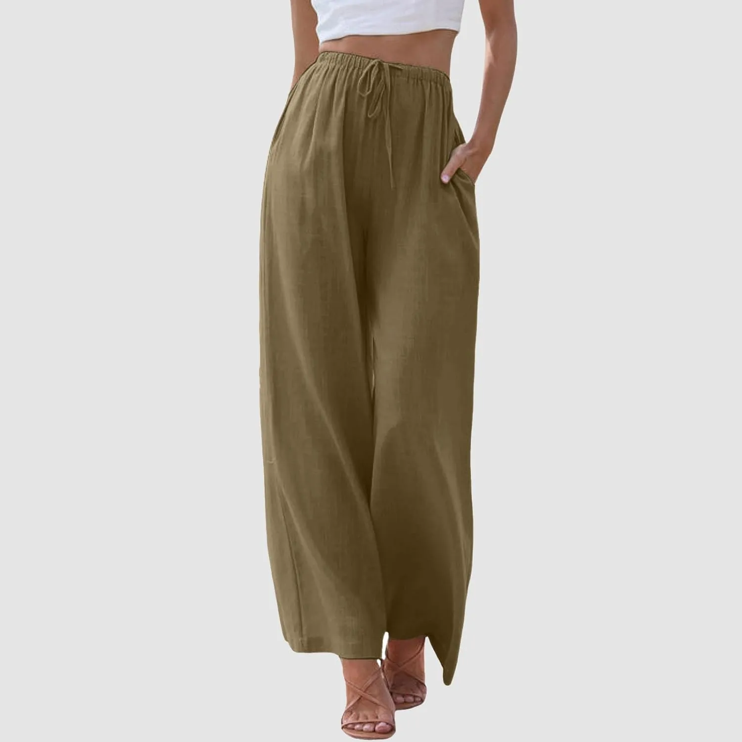 Women's High Waisted Wide Leg Pants Drawstring Elastic Trousers Summer Comfy Straight Leg Long Pants with Pockets