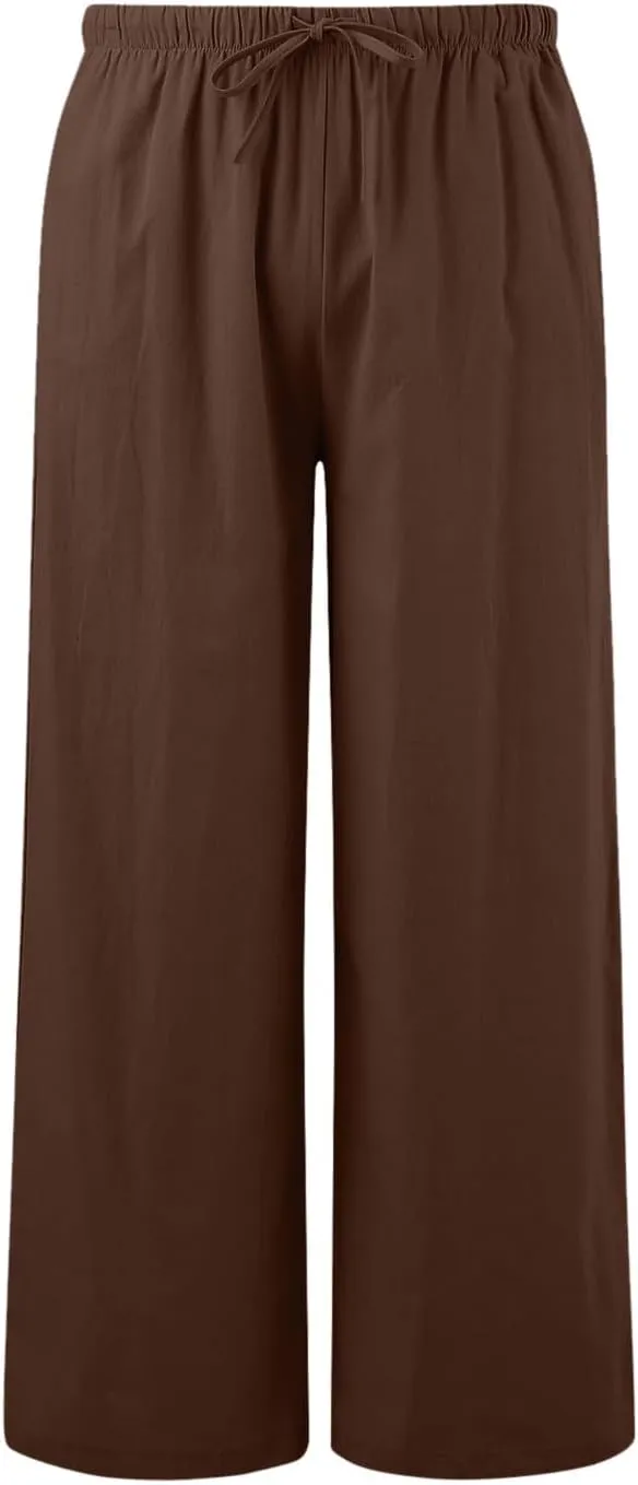 Women's High Waisted Wide Leg Pants Drawstring Elastic Trousers Summer Comfy Straight Leg Long Pants with Pockets