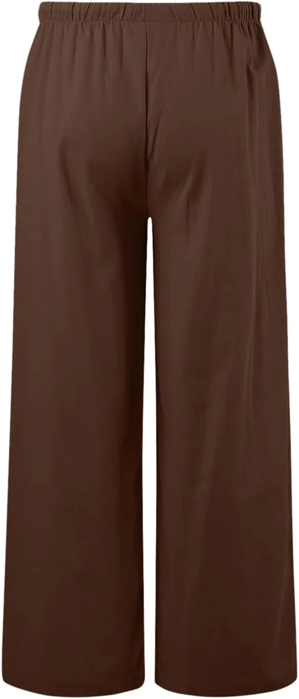 Women's High Waisted Wide Leg Pants Drawstring Elastic Trousers Summer Comfy Straight Leg Long Pants with Pockets