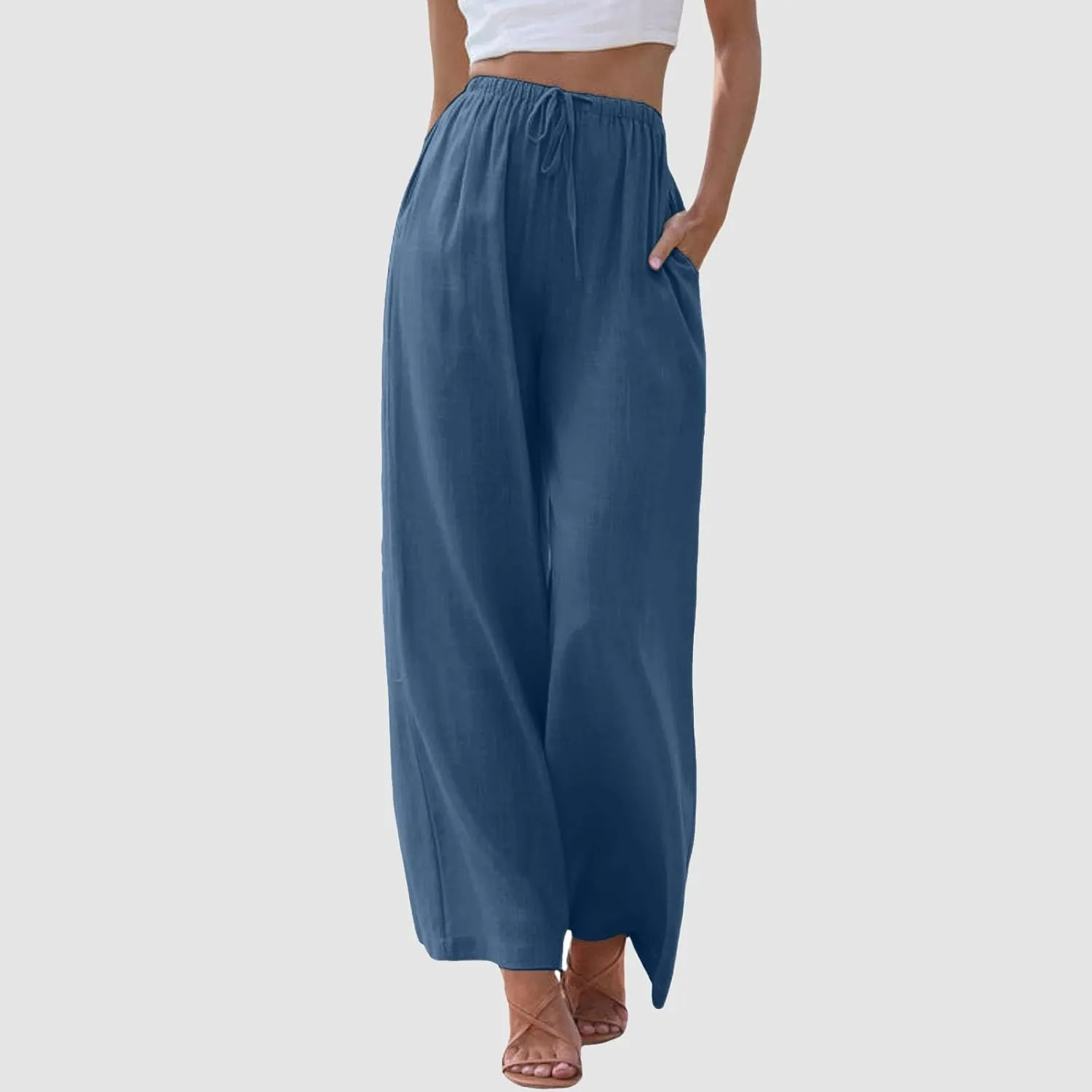 Women's High Waisted Wide Leg Pants Drawstring Elastic Trousers Summer Comfy Straight Leg Long Pants with Pockets