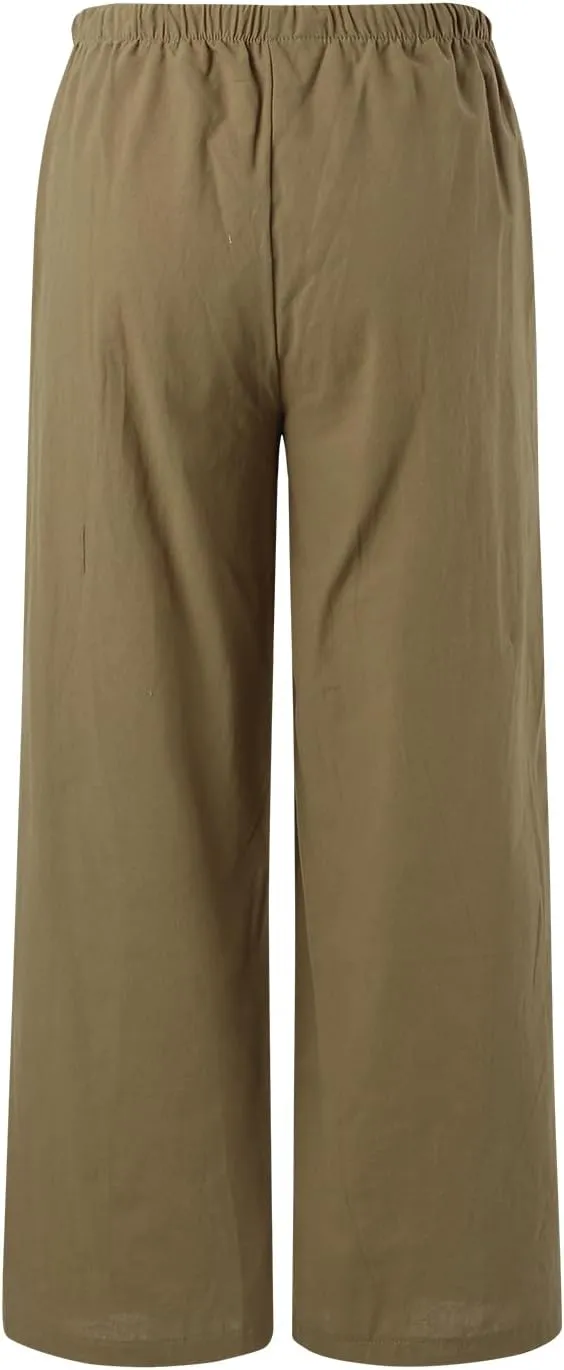 Women's High Waisted Wide Leg Pants Drawstring Elastic Trousers Summer Comfy Straight Leg Long Pants with Pockets
