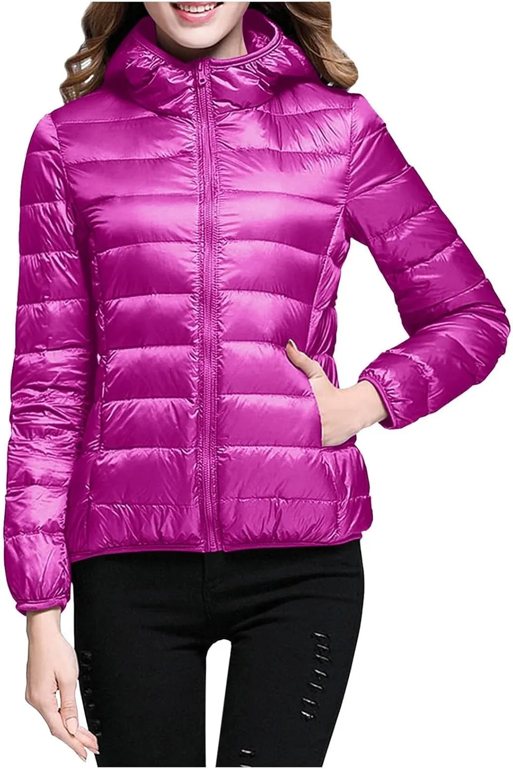 Womens Hooded Jacket Short Down Coat Hooded Packable Puffer Jacket Lightweight Warm Puffy Quilted Coat