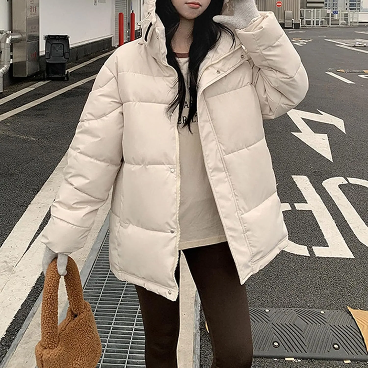 Women's Hooded Mid Length Puffer Coat Winter Warm Full Zip Lightweight Quilted Jacket with Pockets