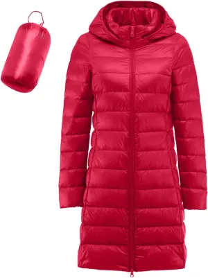 Women's Hooded Ultra Light Weight Coat Long Packable Outwear Puffer Down Jacket Lightweight Full-Zip Puffer Jacket