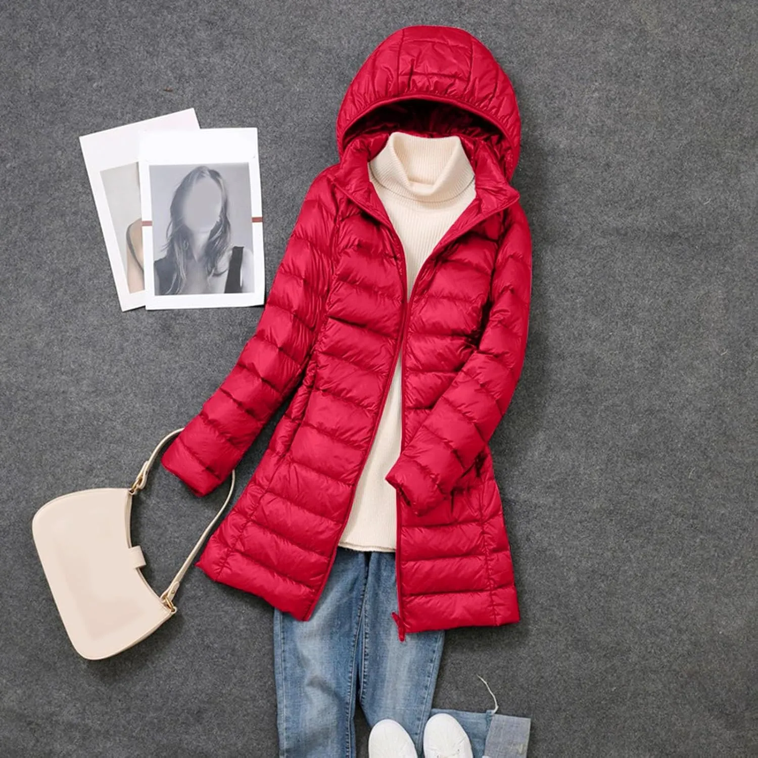 Women's Hooded Ultra Light Weight Coat Long Packable Outwear Puffer Down Jacket Lightweight Full-Zip Puffer Jacket