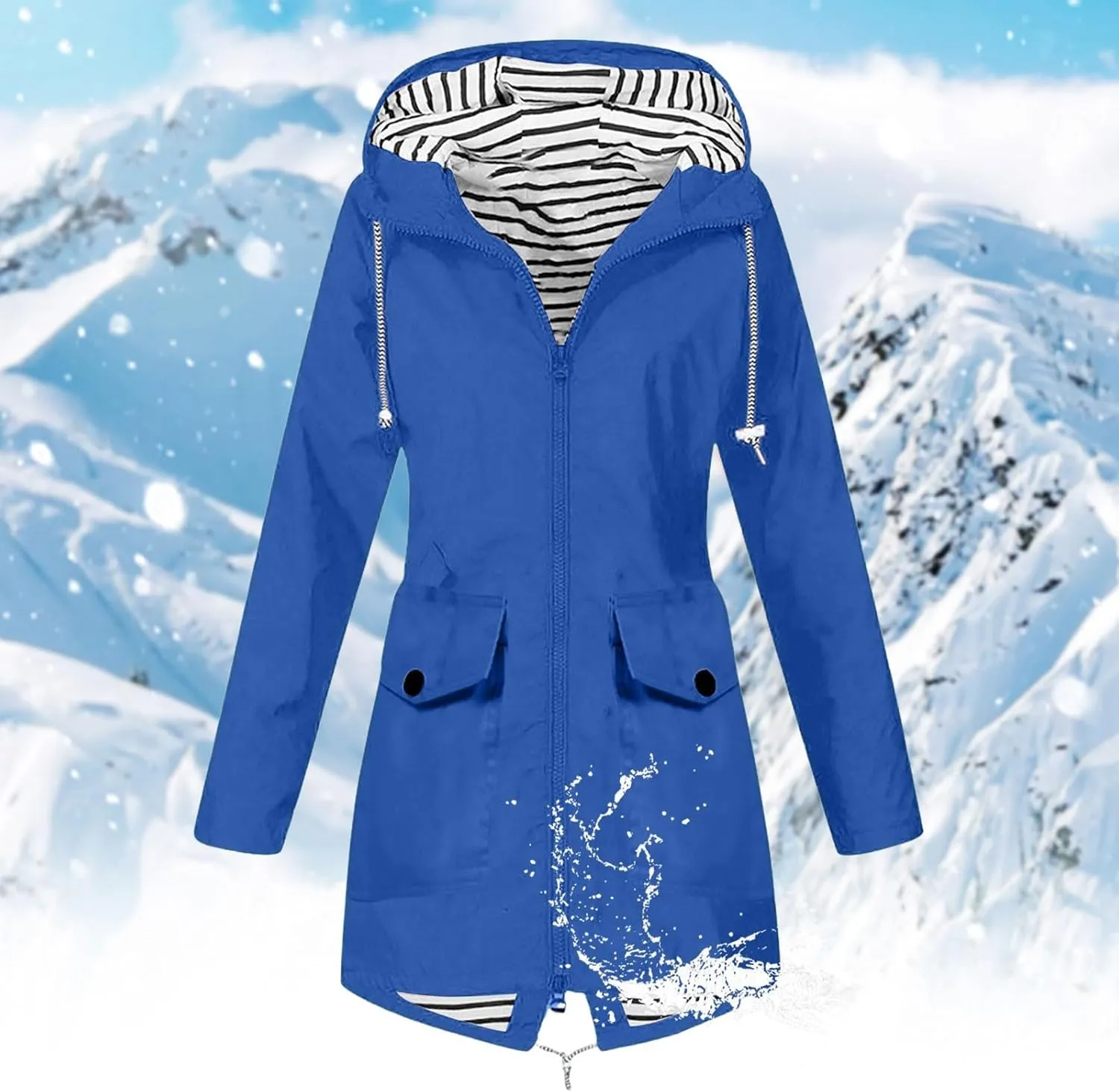 Womens Jackets Long Sleeve Mid-Length Full Zip Casual Hooded Jacket Waterproof Windproof Outdoor Coats with Pockets