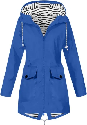 Womens Jackets Long Sleeve Mid-Length Full Zip Casual Hooded Jacket Waterproof Windproof Outdoor Coats with Pockets