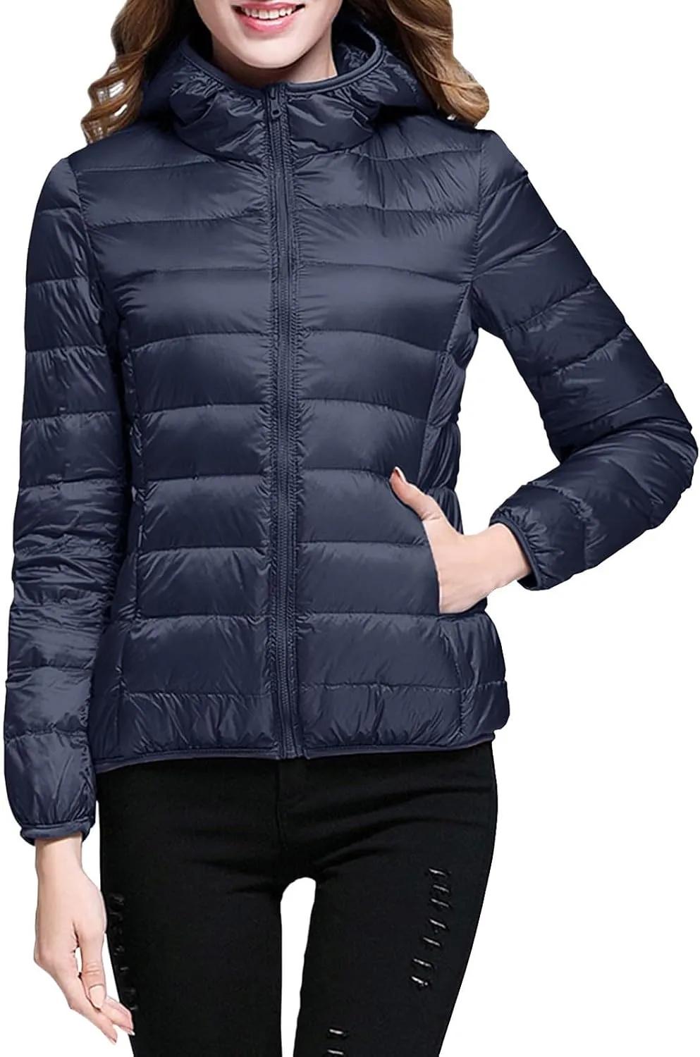 Women's Lightweight Hooded Down Jacket Packable Puffer Coats Puffer Jacket Hooded Windproof Winter Coat
