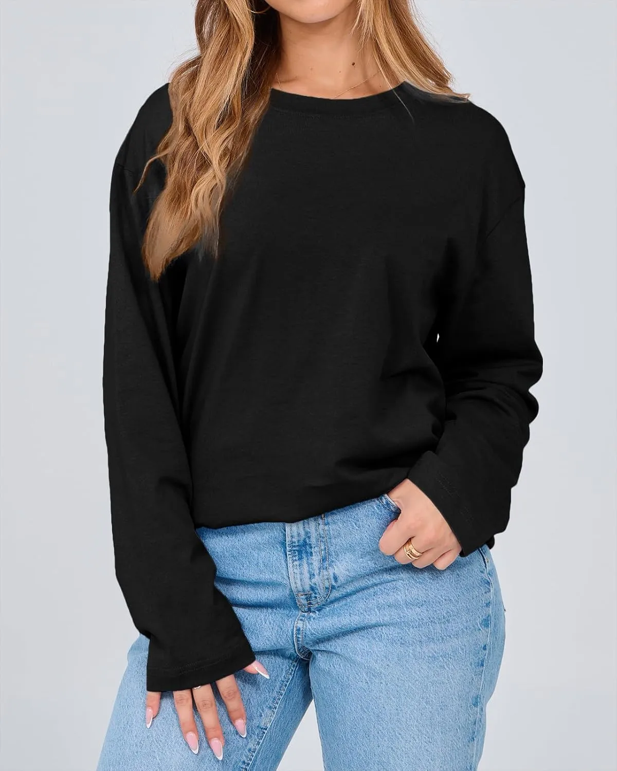 Women's Long Sleeve Crewneck Oversized T Shirts Y2K Loose Fit Casual Tee Tops