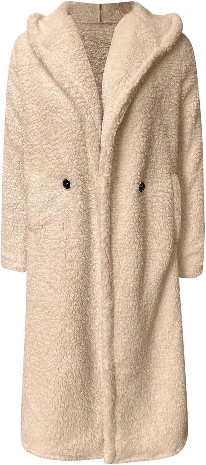 Womens Long Sleeve Jackets Sherpa Lined Solid Color Fuzzy Fleece Open Front Long Jacket Oversized Hooded Cardigan