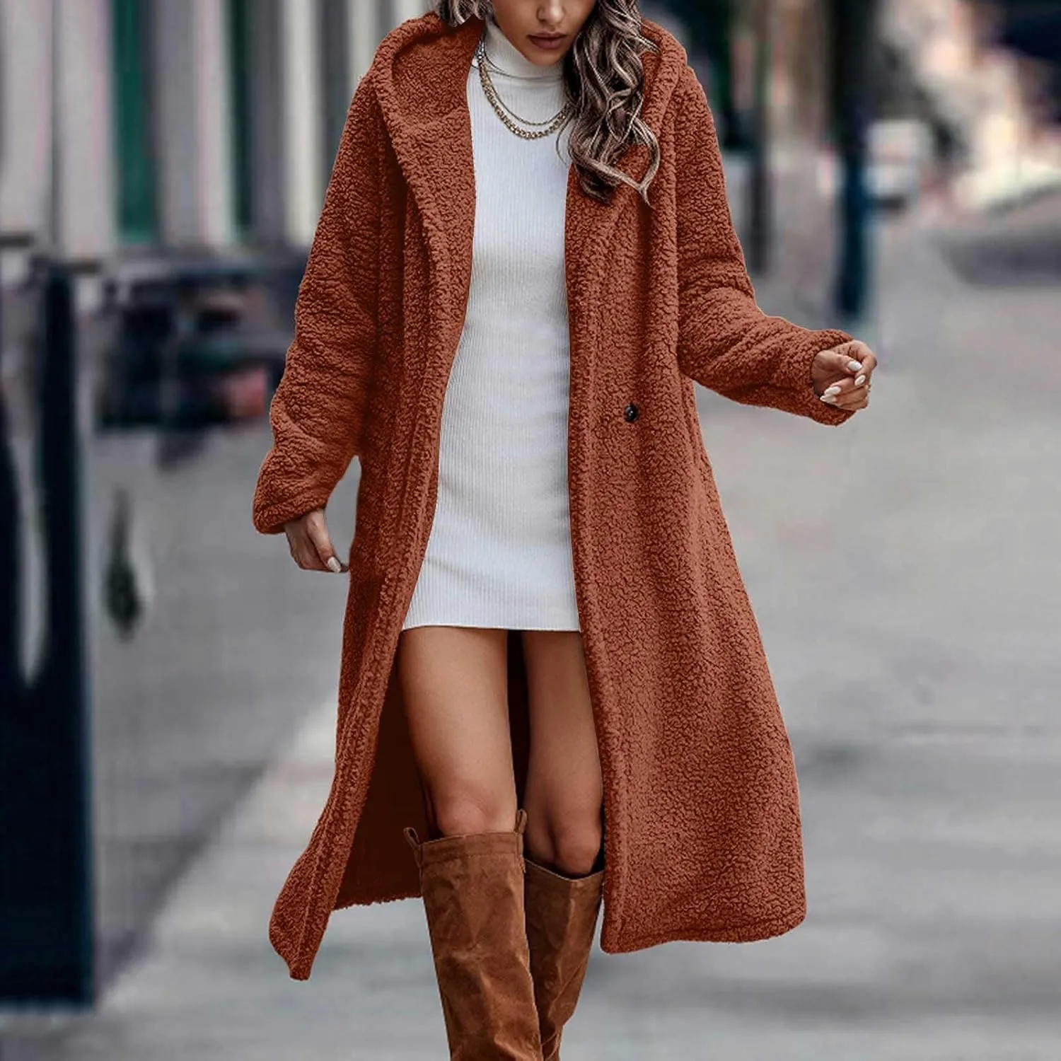 Womens Long Sleeve Jackets Sherpa Lined Solid Color Fuzzy Fleece Open Front Long Jacket Oversized Hooded Cardigan