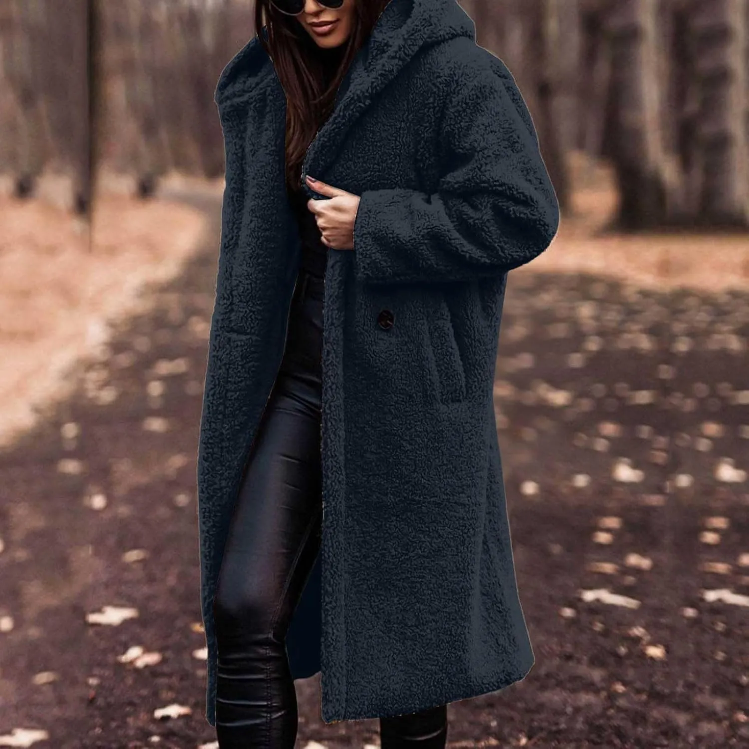 Womens Long Sleeve Jackets Sherpa Lined Solid Color Fuzzy Fleece Open Front Long Jacket Oversized Hooded Cardigan