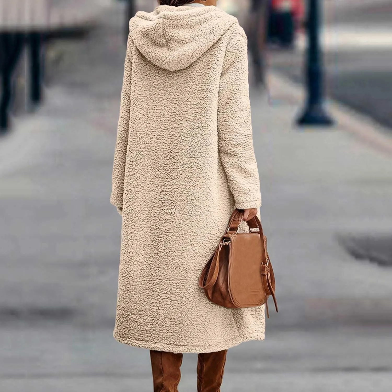 Womens Long Sleeve Jackets Sherpa Lined Solid Color Fuzzy Fleece Open Front Long Jacket Oversized Hooded Cardigan