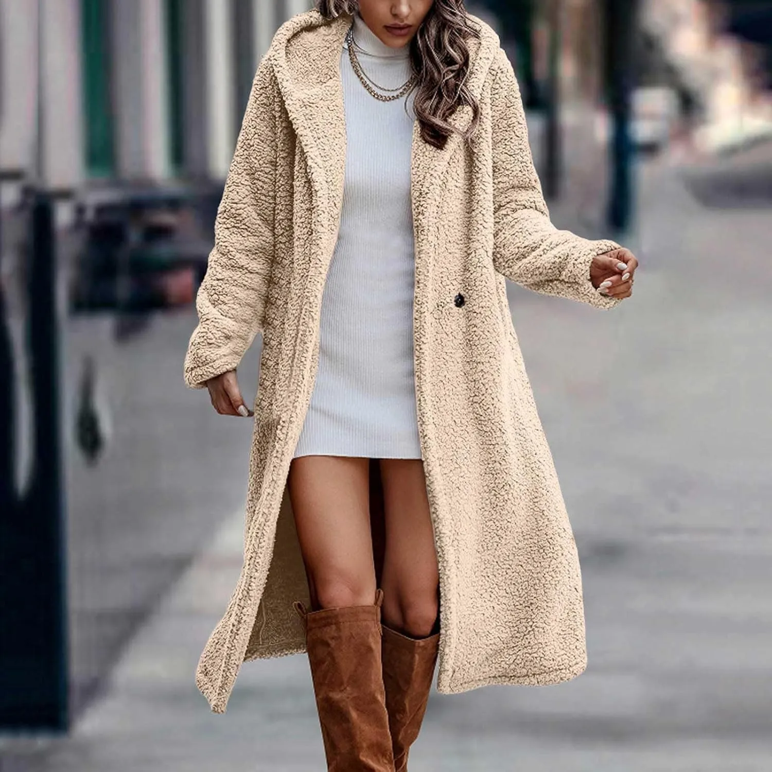 Womens Long Sleeve Jackets Sherpa Lined Solid Color Fuzzy Fleece Open Front Long Jacket Oversized Hooded Cardigan