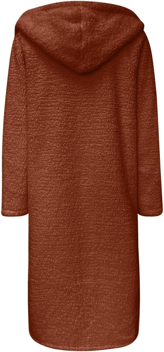 Womens Long Sleeve Jackets Sherpa Lined Solid Color Fuzzy Fleece Open Front Long Jacket Oversized Hooded Cardigan
