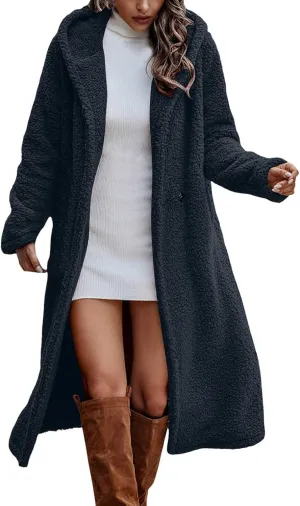 Womens Long Sleeve Jackets Sherpa Lined Solid Color Fuzzy Fleece Open Front Long Jacket Oversized Hooded Cardigan