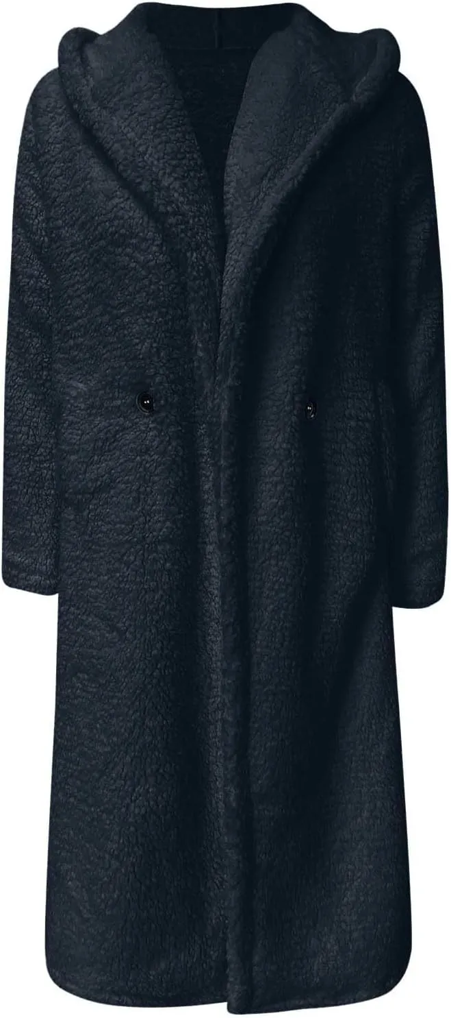 Womens Long Sleeve Jackets Sherpa Lined Solid Color Fuzzy Fleece Open Front Long Jacket Oversized Hooded Cardigan