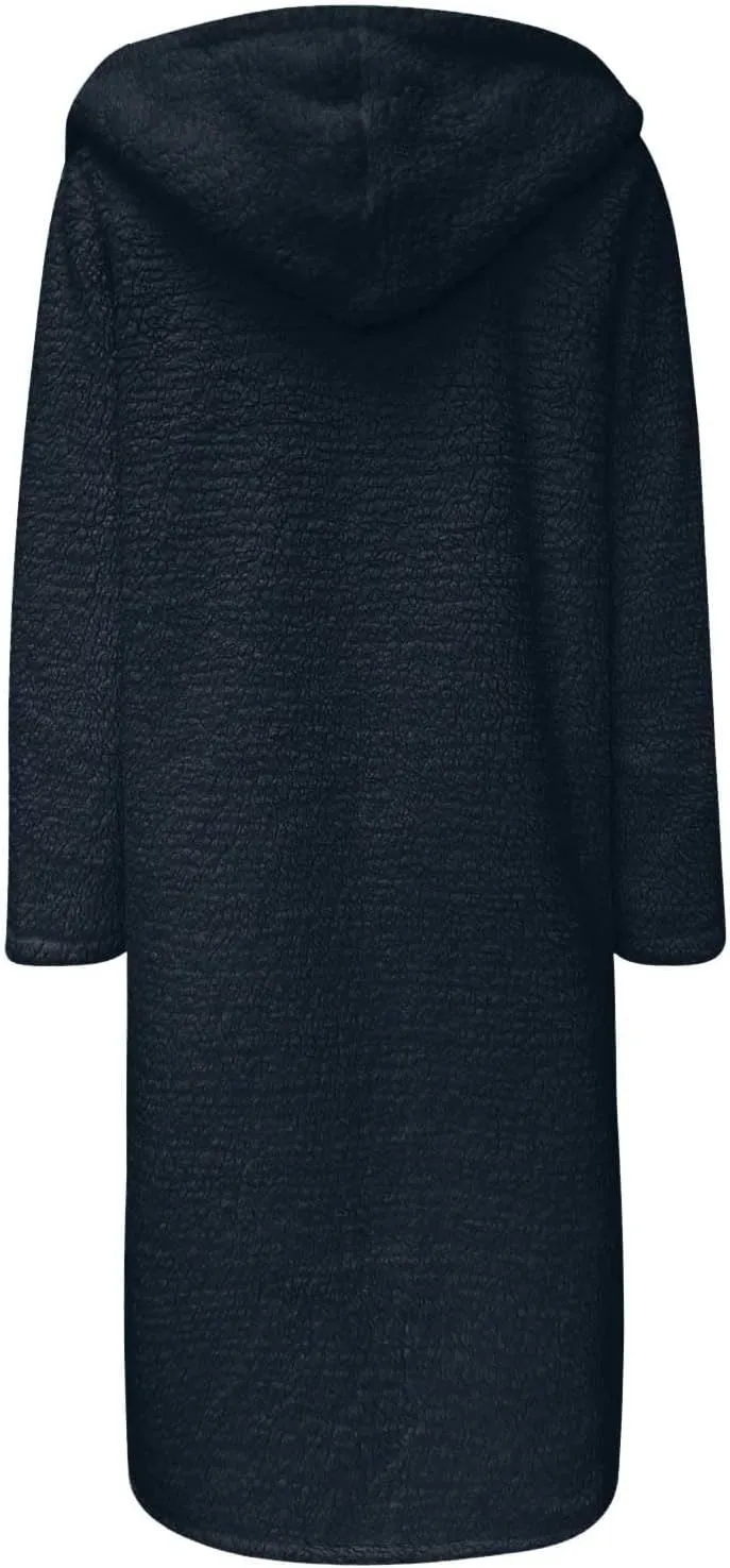 Womens Long Sleeve Jackets Sherpa Lined Solid Color Fuzzy Fleece Open Front Long Jacket Oversized Hooded Cardigan