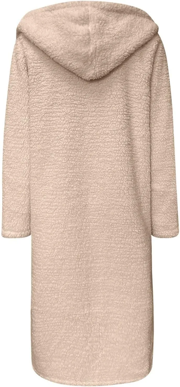 Womens Long Sleeve Jackets Sherpa Lined Solid Color Fuzzy Fleece Open Front Long Jacket Oversized Hooded Cardigan