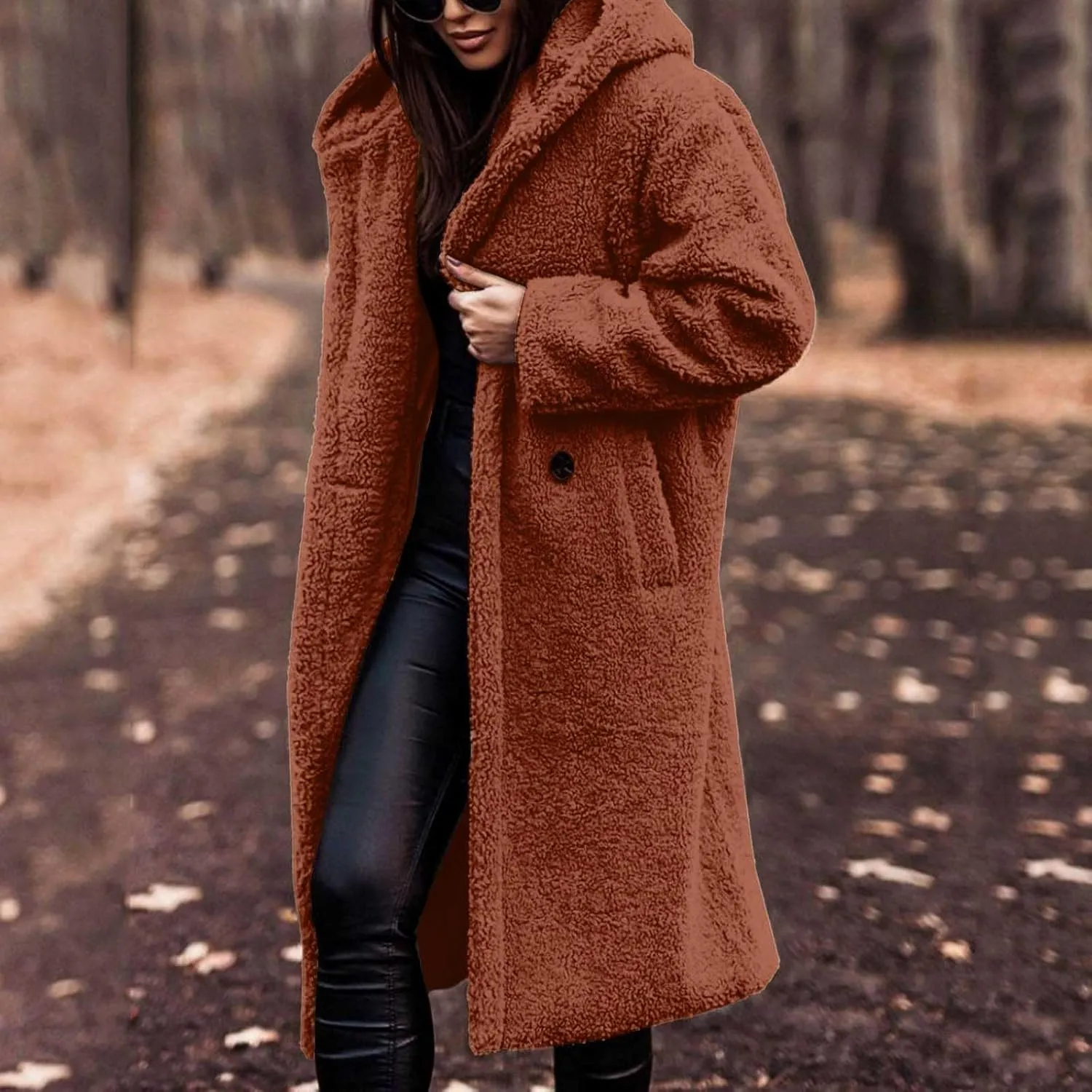 Womens Long Sleeve Jackets Sherpa Lined Solid Color Fuzzy Fleece Open Front Long Jacket Oversized Hooded Cardigan